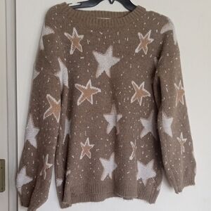 Women Sweater Star Patterned Brown Size S/M